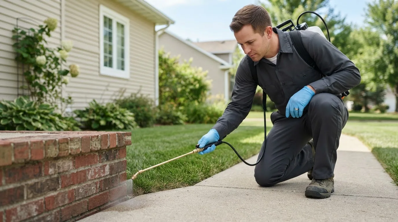 Pest control technician treating a home near West Branch, MI
