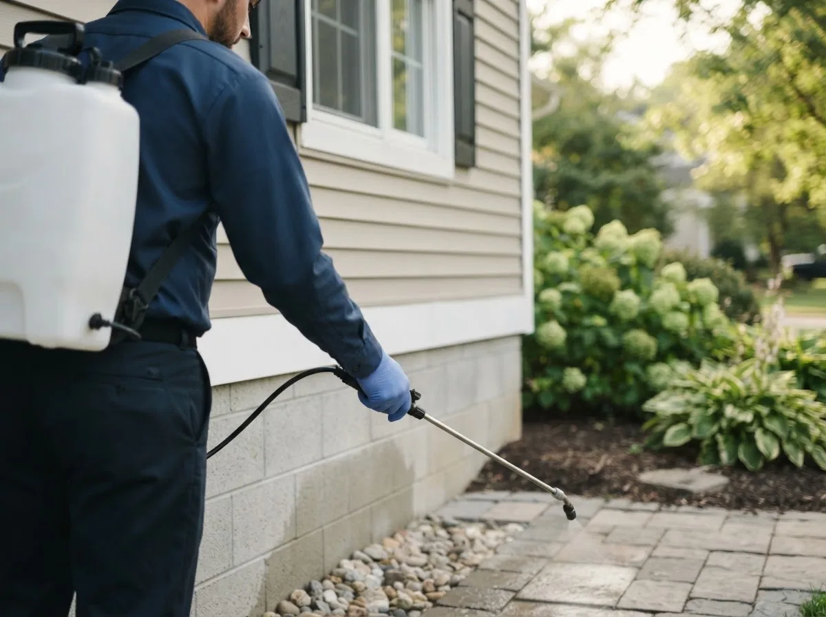 Pest control technician inspecting a home in West Branch, MI